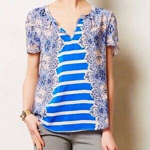 Anthropologie Maeve Archivist Blouse S 100% Silk Striped Paisley Boho Blue